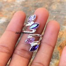 Amethyst  Rose Quartz Gemstone 925 Silver Adjustable Beautiful Gift Ring AK3002