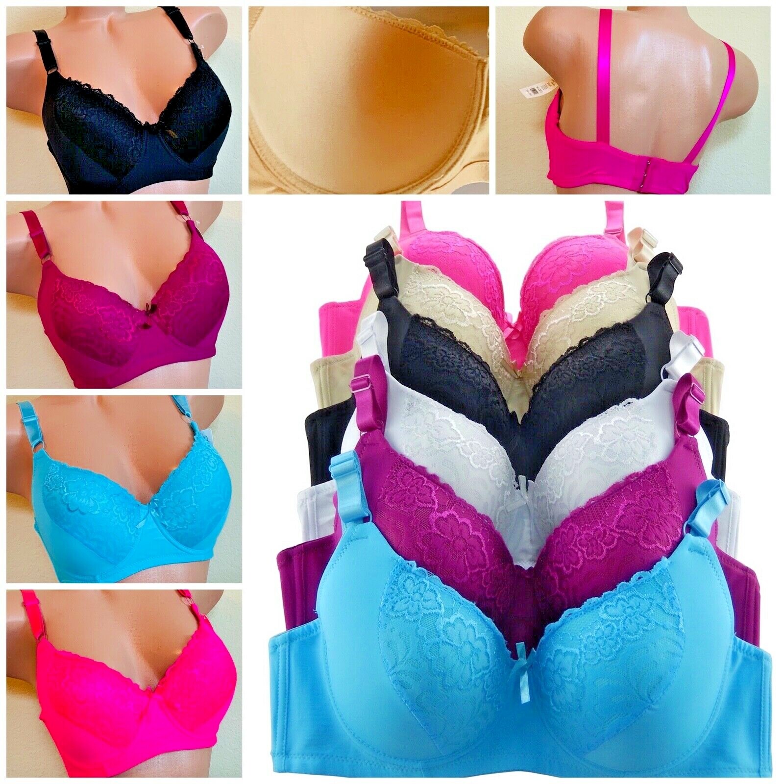 3-6 Women's Push Up Bras Sexy LACE Push-ups T-Shirt Bra 8231 Plus Size 34D- 42D