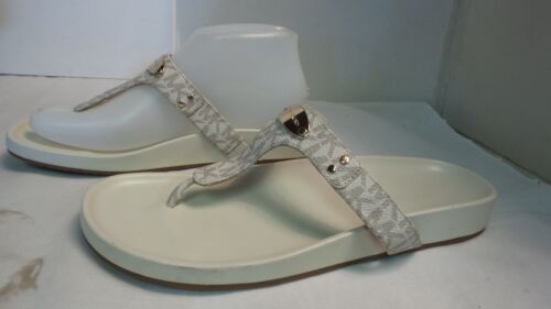 EUC Michael Kors MK CREME goldfarbene Platte flache Riemen T-Riemen Sandalen Slipper Größe - Bild 3 von 6