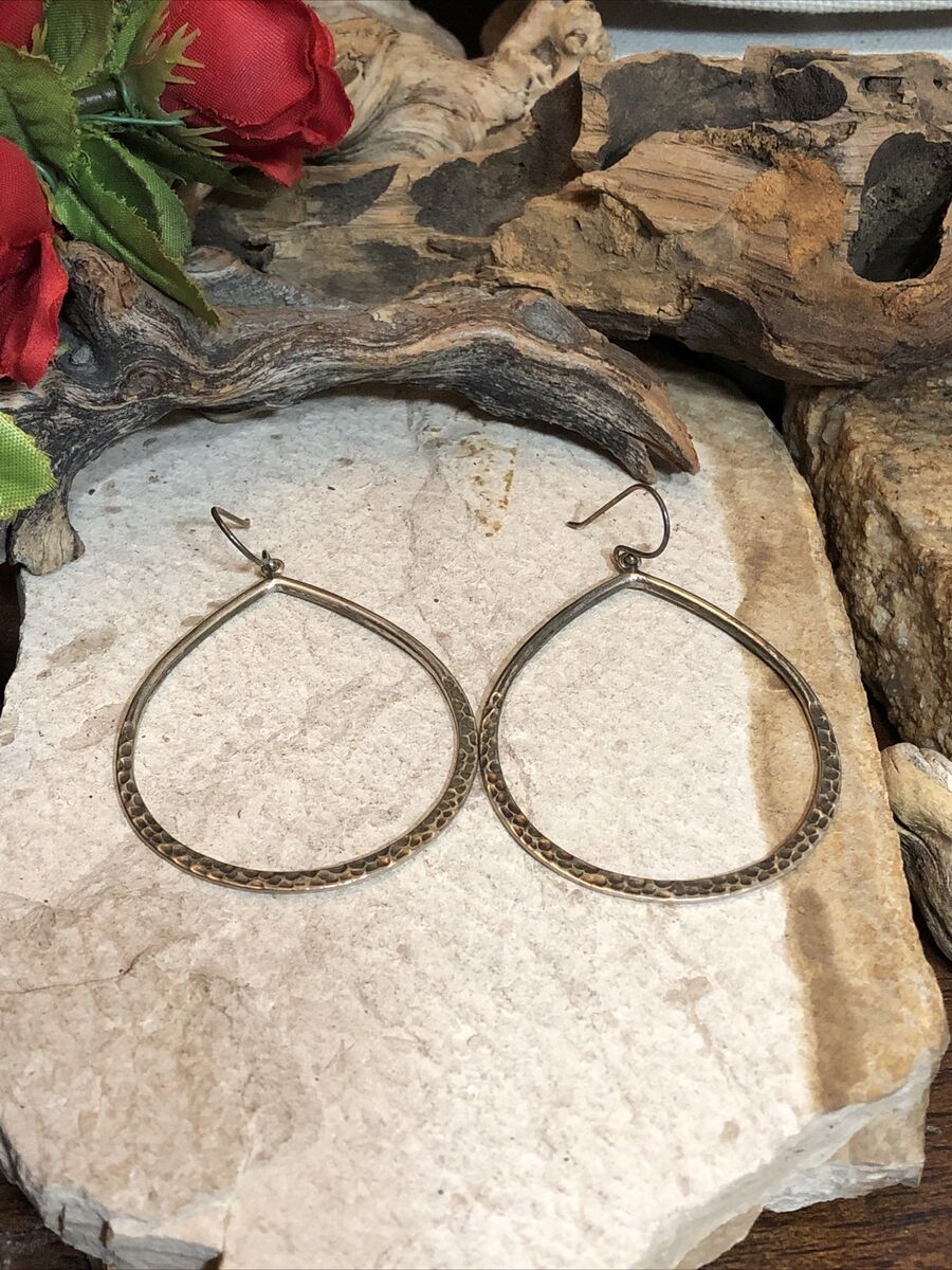Hammered Sterling Silver Earrings Teardrop Shape with Beaded Accents Antiqued Finish Hammered Sterling Silver Earrings Teardrop Shape with Beaded Accents Antiqued Finish