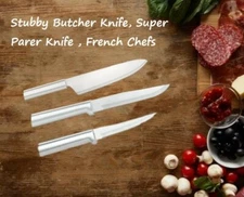 Rada 3 Pc Set Stubby Butcher Knife, Super Parer, & French Chef's (Silver Handle)