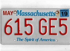 MASSACHUSETTS passenger 2019 license plate "615 GE5"