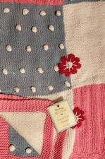 Vtg.Baby Blanket Knit Patch Pattern Pink,Blue,White, Red Pompom,Floral Accents