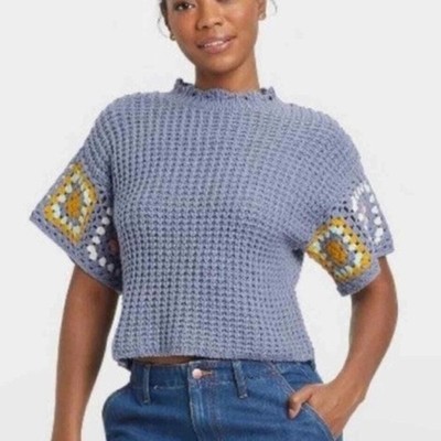 Universal Thread Crochet Short Sleeve Pullover Size Small Purple Blue Crew Neck