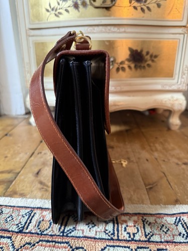 Vintage Chiltern Satchel Crossbody Bag Black Tan Brown Leather Lock With Key TC - Picture 5 of 8