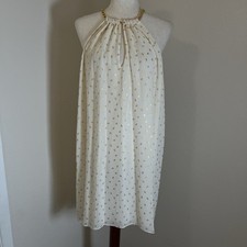 Michael Kors Size XS Beige Gold Print Hi Low Halter Dress Chain Collar