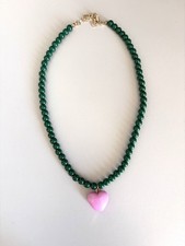 Stunning Green Beaded Pendant Necklace With Pink Heart Charm / Pendant