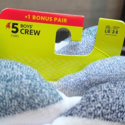 Hanes Boys Crew Socks 5 Pairs L (3-9) Arch Support Seamless Toe Wicking