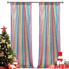 2 PCS 2x8ft Rainbow Sequin Backdrop Curtain Glitter Photo for Parties