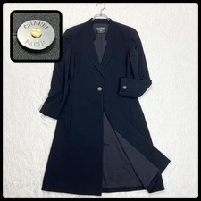 CHANEL Vintage Long Coat Black Wool M Stand Collar Logo Jacket