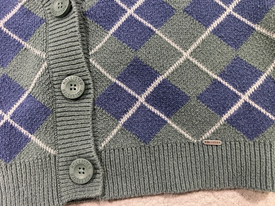 Suéter Hollister Mujer Mediano Verde Azul Argyle Recortado Botón Cárdigan Preppy Foto 4 de 4
