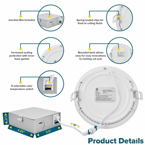Sunperian 6" Ultra-Thin LED Recessed Light J-Box 5 Color Options 4 Pack - Picture 3 of 7