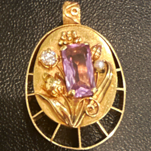 Vintage 14k Gold Oval Pendant with Purple Amethyst Baguette Main Stone