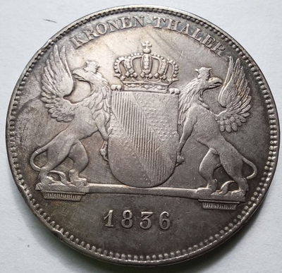 #ad #ad 1836 Baden Leopold I Silver Kronenthaler KM 195.3 German States VF Details $169.50