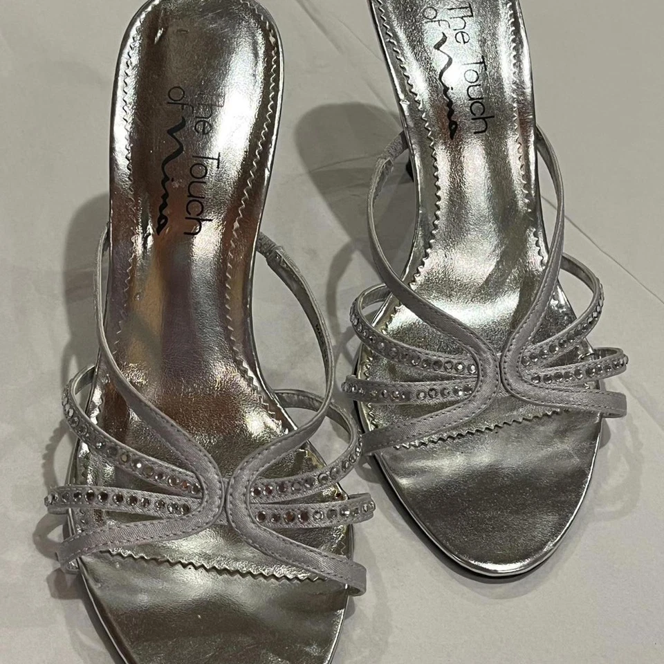 Sandália vintage prata Y2K anos 2000 salto strass tiras verão mulas formais - Imagem 3 de 4