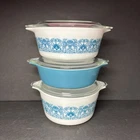 Vtg Pyrex Blue Horizon 3 Piece Cinderella Nesting Bowls 473, 474, 475-B W/ Lids