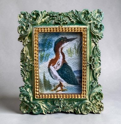 Little Green Heron mini gloss watercolor bird print   vintage style ornate frame