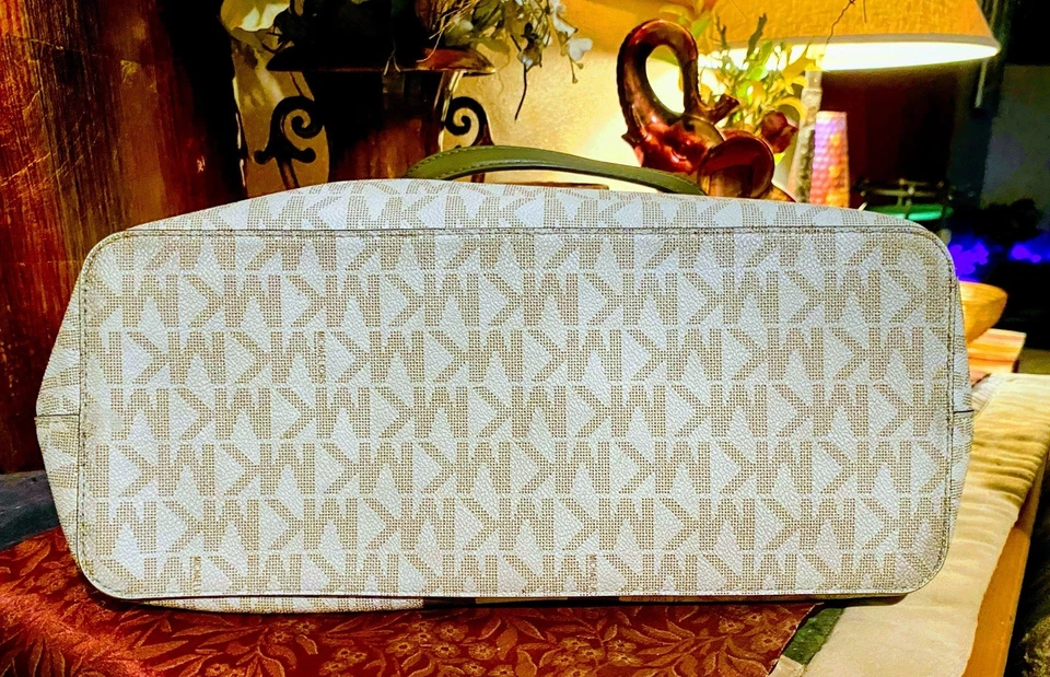 Michael Kors Tote Handbag Large Lime Green Stripe Monogram Shoulder Purse - Image 3 of 4