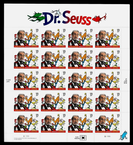 US #3835 CAT IN THE HAT DR SUESS GEISEL - AUTHOR ILLUSTRATOR MVF 37c STAMP SHEET