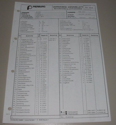 Pierburg Vergaser 38 PDSI Kennblatt Ersatzteilliste BMW 1502 Typ 114 06/1978!