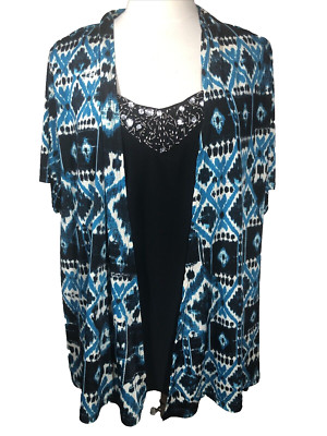 Lavish Womens XL - 1X  Short-Sleeve Blouse Top With Attached Beaded Tank Stretch