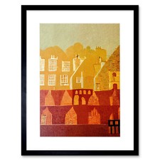 Vintage Folk Art Mid Century Cityscape Framed Wall Art Print Picture 12X16