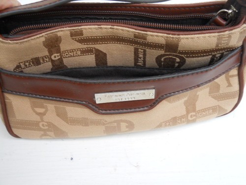 Etienne Aigner Logo Canvas Fabric and Dark Brown Leather Trim Petite Handbag - Picture 7 of 12