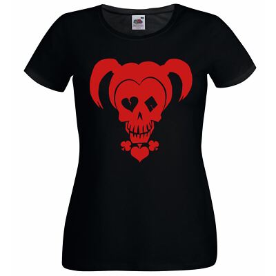 Damen schwarz Harlekin Schädel böse weibliche Bösewicht Halloween T-Shirt