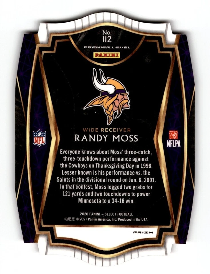 2020 Panini Select Die Cut Prizm Red Randy Moss #112 Minnesota Vikings - Image 2 of 2
