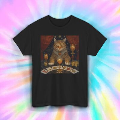 Occult Tarot Cat Shirt Witchy Divination Cards Mystical Goblets Tee S-5XL