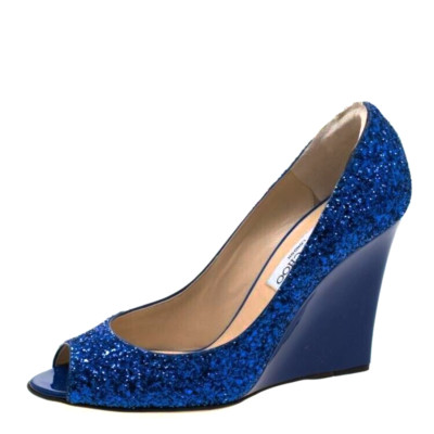 Jimmy Choo Blue Glitter Bello Peep Toe Wedge Heels Sandals EU 37.5