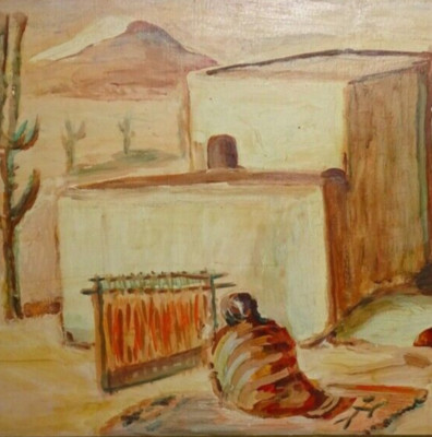 1953 Marjorie Mead Edsall Southwestern Oil Painting Pueblo Woman Loom Phoenix AZ