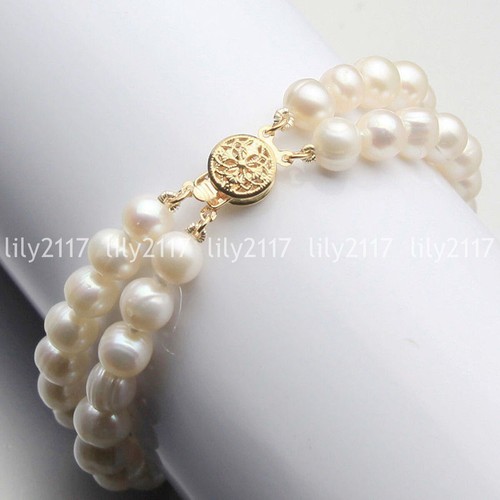 2 Rows Genuine Natural Freshwater Akoya Pearl Beads Bracelet 7.5" 6-7/7-8/8-9mm - Picture 9 of 12