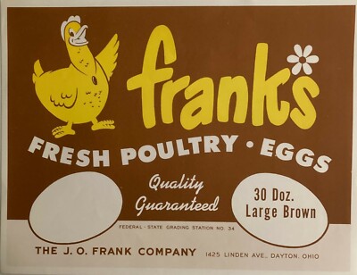 Vintage 1950s Franks Egg Crate Label J. O. Frank Company in Dayton, Ohio ''NOS''