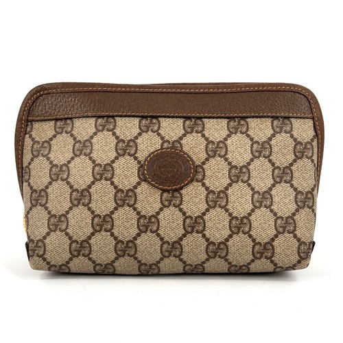 Vintage GUCCI GG Supreme Pouch Clutch Cosmetic Bag Brown Leather Logo Authentic