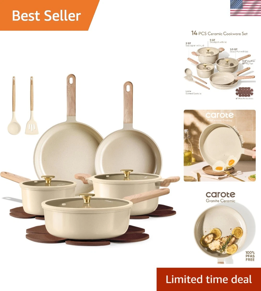 14Pcs Pots and Pans Set Non stick, Ceramic Cookware Set, Non-toxic Kitchen Co...
