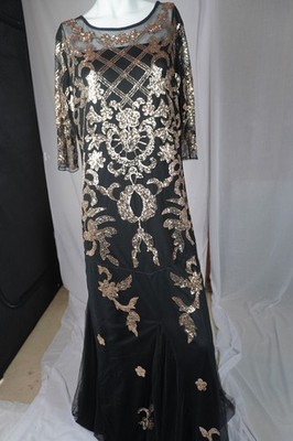 Mesh Column Black and Gold Sequin Evening Mother of the Bride Dress Sz M