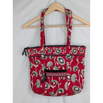 Vera Bradley Red Floral Quilted Cotton Tote Shoulder Bag Zip Top 14x12x3