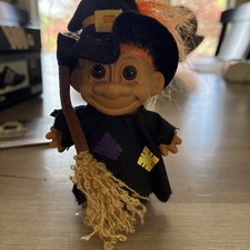 Vintage Russ Troll Doll Halloween Wicked Witch With Broom, Orange Hair