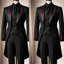 Black Red Embroidery Tailcoat Tuxedo 3 Piece Men Suit Wedding Groom Party Prom