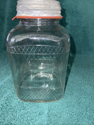 Vintage Waffle Pattern Square Hazel Atlas Canister Clear Glass Ball Lid 5  W 8 T