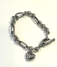 David Yurman Sterling Silver Figaro Diamond Heart Toggle Bracelet 7.5"
