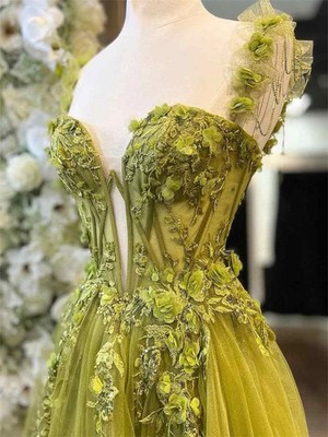 A-Line 3D Flower Prom Dress Spaghetti Strap Vestidos De Noche Floor-Length Forma