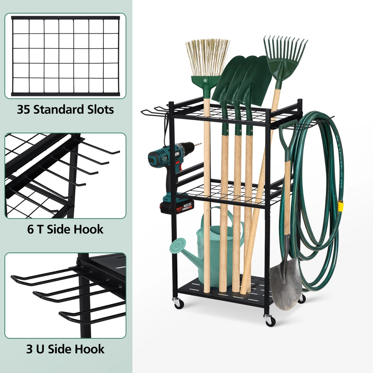 3 Tier Garden Tool Storage Rack Organiser Stand Holder with Wheels Side Hooks
