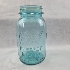 Antique Ball Blue Quart Embossed Perfect Mason  Made in the USA Glass Jar #6