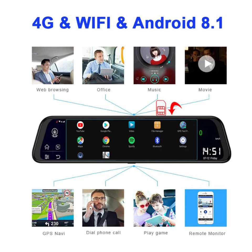 Car Dash Cam Camera 4G Android 8.1 ADAS Mirror Drive Recorder DVR GPS Navigator - Image 4 of 4