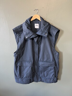 Zara Womens Blue Sleeveless Boxy Vest Double Pocket Oversized Size XS/S 