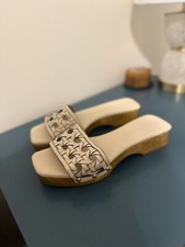 Tory Burch Basket-Weave Clog wood Platform Slide Sandals Cream Calf Leather 7
