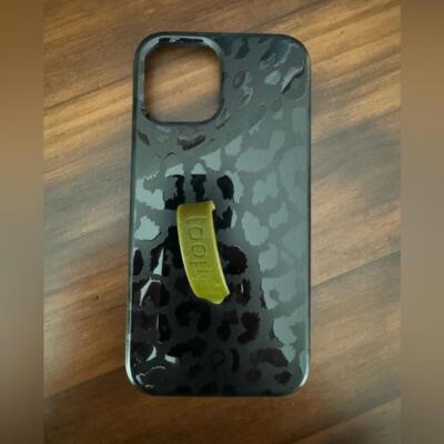 Loopy iPhone 12pro Case Black Leopard Print with Olive Green Loop and Pouch