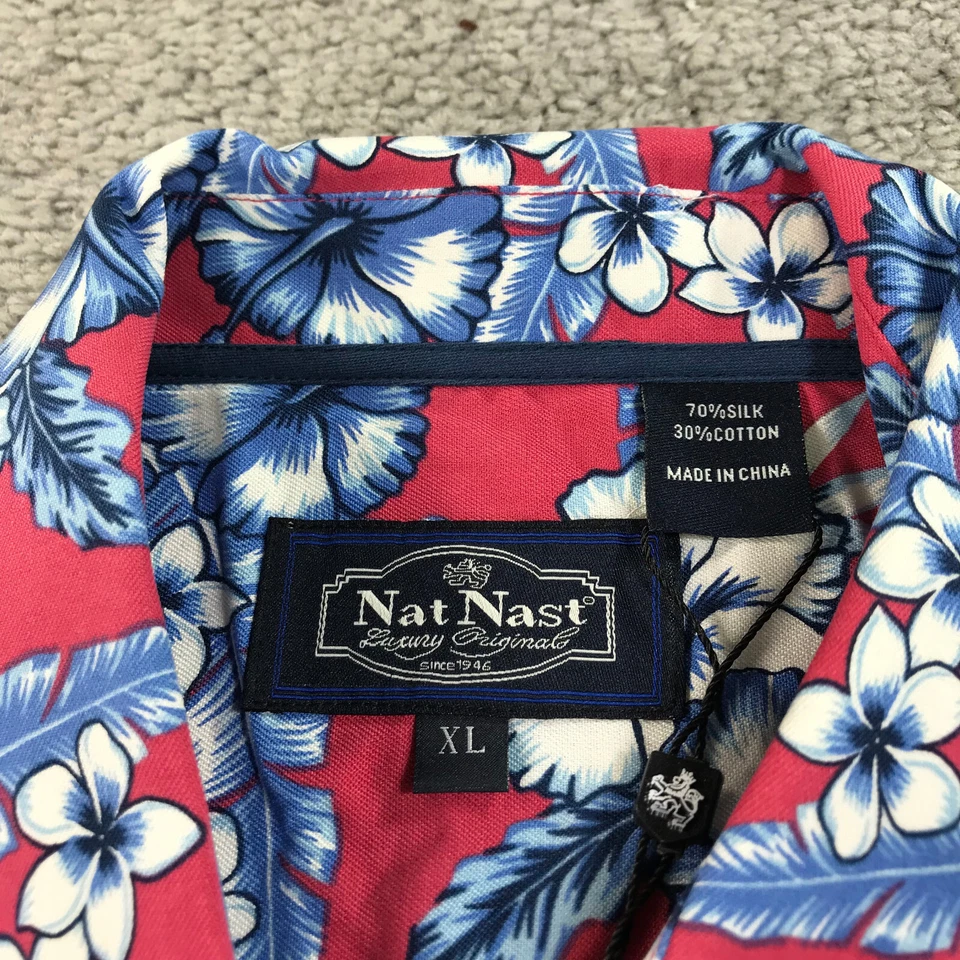 Nat Nast Shirt Mens Extra Large Button Up Silk Blue Floral All Over Print XL Red - Image 4 of 4